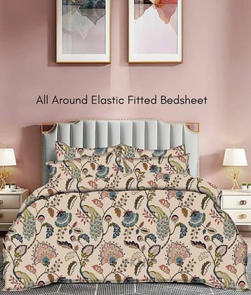 YKNIP Cotton Floral Printed Fitted 1 Bedsheet with 2 Pillow Covers ( King Size ) - Beige