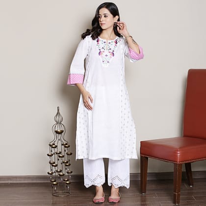 white printed kurta with neck embroidery-M