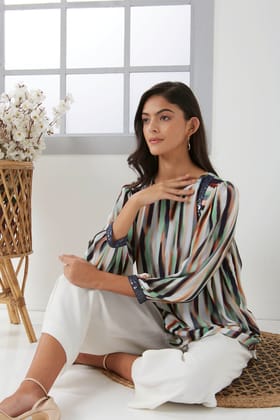Indigo stripe crepe top with sequence-M