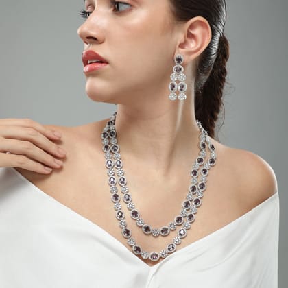 Damson Purple Long Necklace Set-CZ DIAMOND STONES / EMERALD