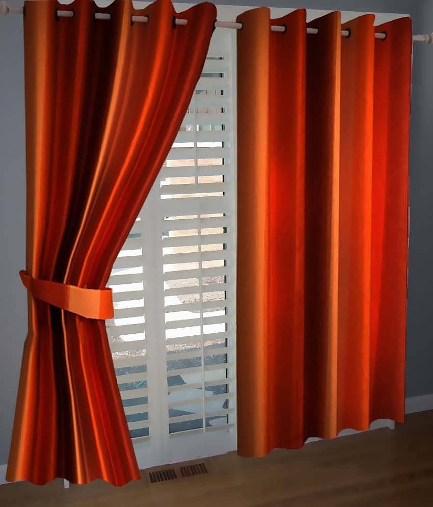 Panipat Textile Hub Solid Semi-Transparent Eyelet Door Curtain 7 ft Pack of 2 -Orange