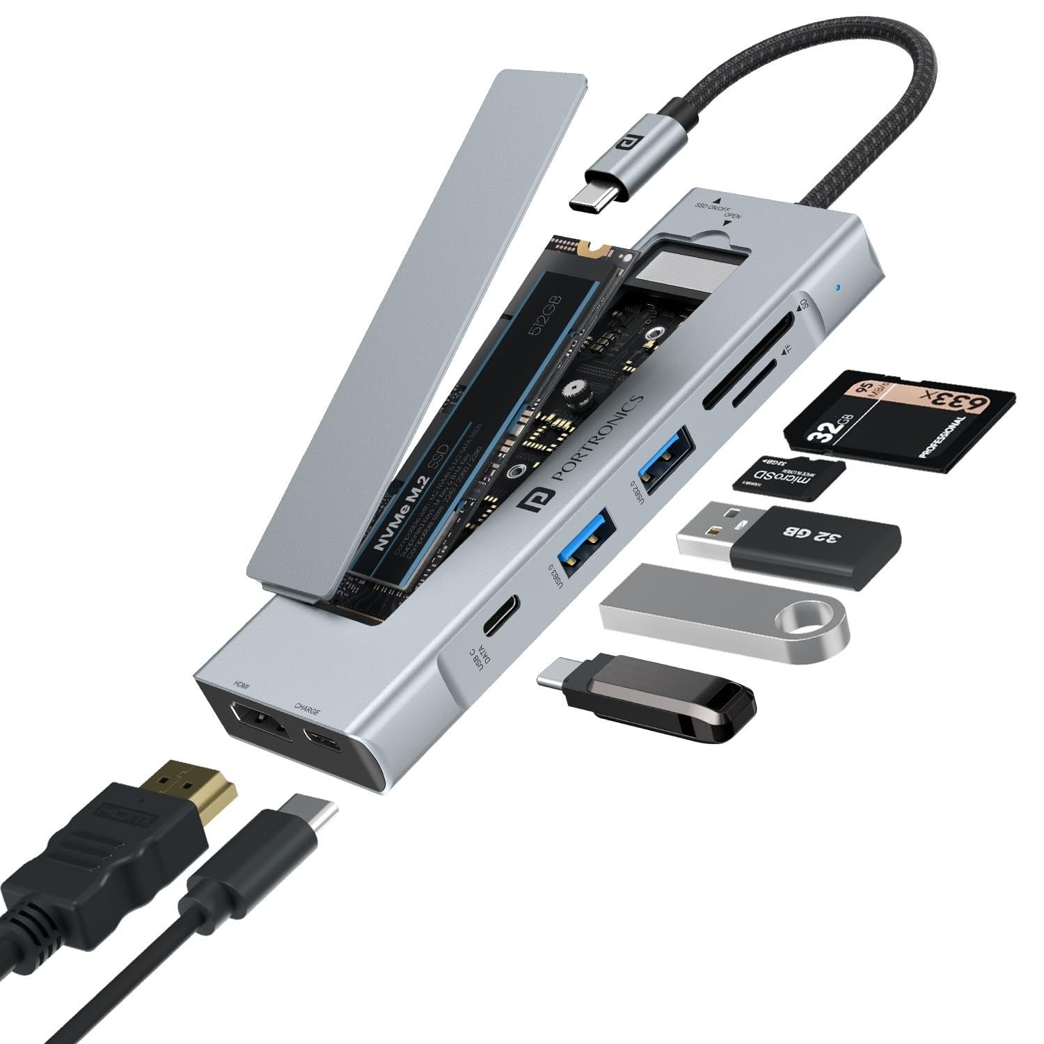 Portronics Mport Space 8-in-1 USB Hub with Multi-Device Support - Grey