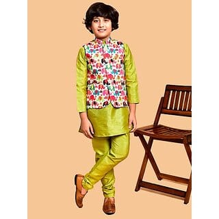 PrintCultr Boys Festive & Party Kurta, Waistcoat and Pyjama Set (Light Green)