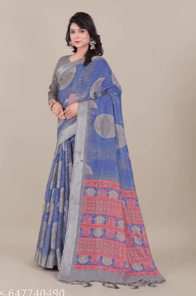 Fancy linen cotton digital printed saree with blouse