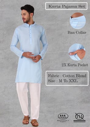 Preen Sky Blue Ban Collar Kurta Pajama Set-M