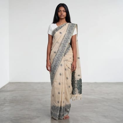 Bomkai Sonepuri Beige Cotton Saree Olive Paisley Buti Bomkai Sonepuri Beige Cotton Saree Olive Paisley Buti