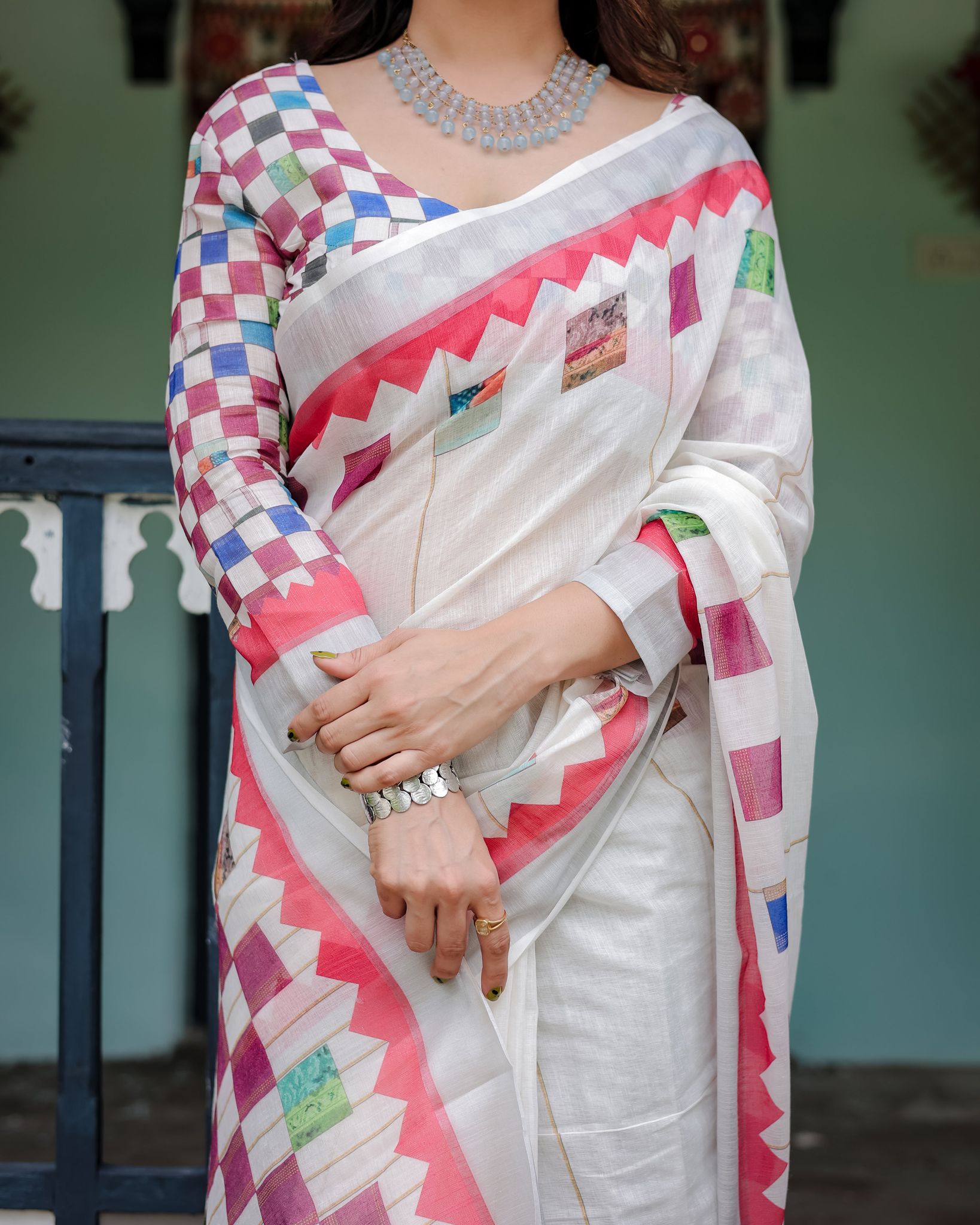 White Pure Cotton Linen Saree with Multicolor Checkered Design, Blouse, and Tassel Detailing-Regular