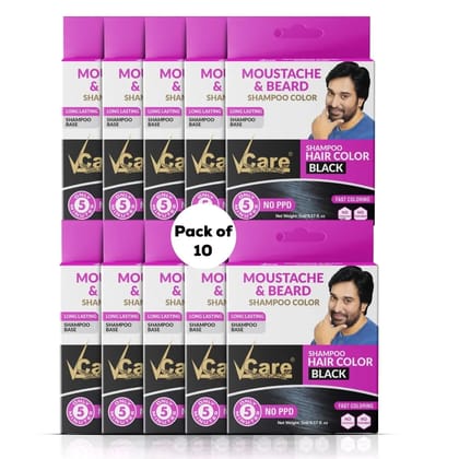 VCare Moustache and Beard color shampoo for Men Black, Natural Hair Color Dye Conditioner | No Ammonia No Paraben No PPD - 5 ml (Pack Of 10) VCare Moustache and Beard color shampoo for Men Black, Natural Hair Color Dye Conditioner | No Ammonia No Paraben No PPD - 5 ml (Pack Of 10)