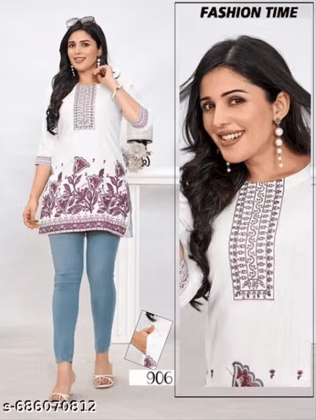 Women's Stylish and Trending White Base Cotton Short Tunic Kurti Seaquence Rose & Purple Eambroidered & Daman Printed One Side Pocket