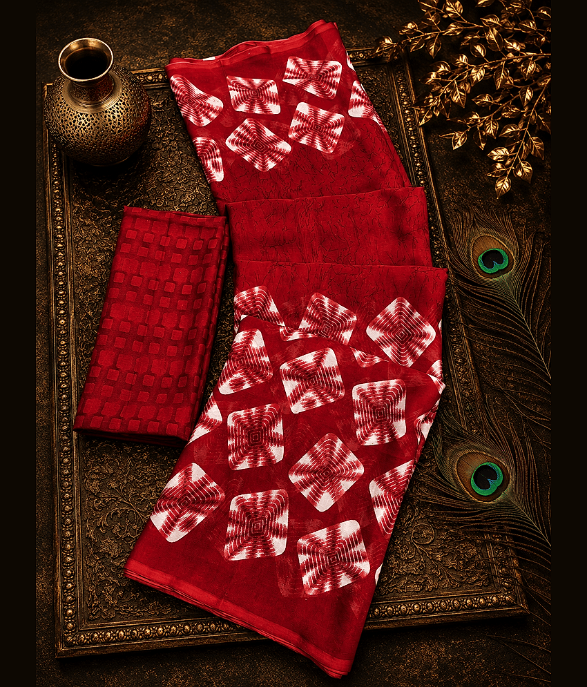 Kanooda Prints Georgette Printed Regular Saree With Unstitched Blouse Piece ( Red )