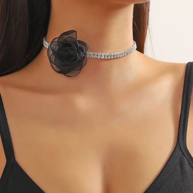 Rhinestone Rose Chokers-Black