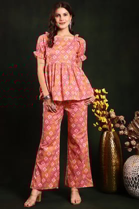 Pink Color Floral Printed Cotton Co-Ord Set-S