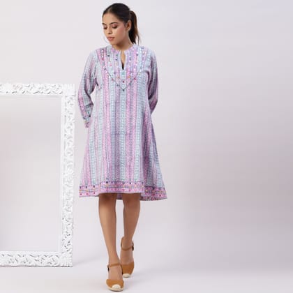 Block printed kantha finish dress with mirrorwork-XS