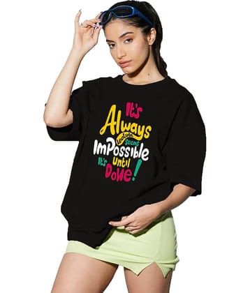 Leotude Women Cotton Blend Printed Oversized Fit Round Neck T-Shirt ( Black )