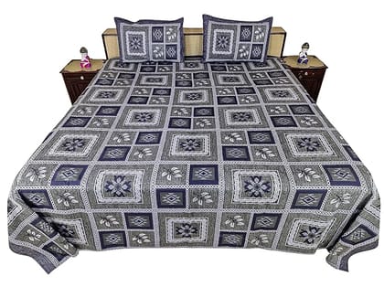 Geometric Pattern Double Bedsheet Set with 2 Pillow Covers, Traditional Jaipuri Design (Flower Gray) Item Weight is 1150 gram Approx.