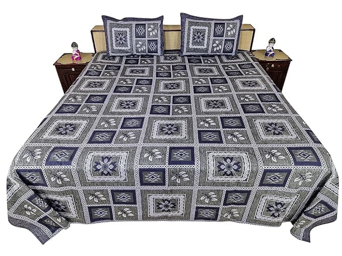 Geometric Pattern Double Bedsheet Set with 2 Pillow Covers, Traditional Jaipuri Design (Flower Gray) Item Weight is 1150 gram Approx.