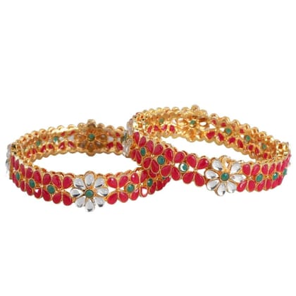 Traditional Gold-Plated Ruby and White Kundan Set of-2 Bangles
