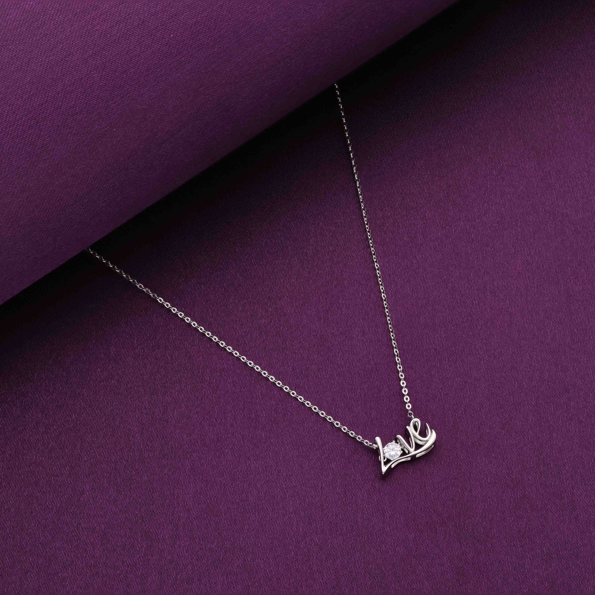Zircon Studded Silver Love Necklace-White Stone / Silver