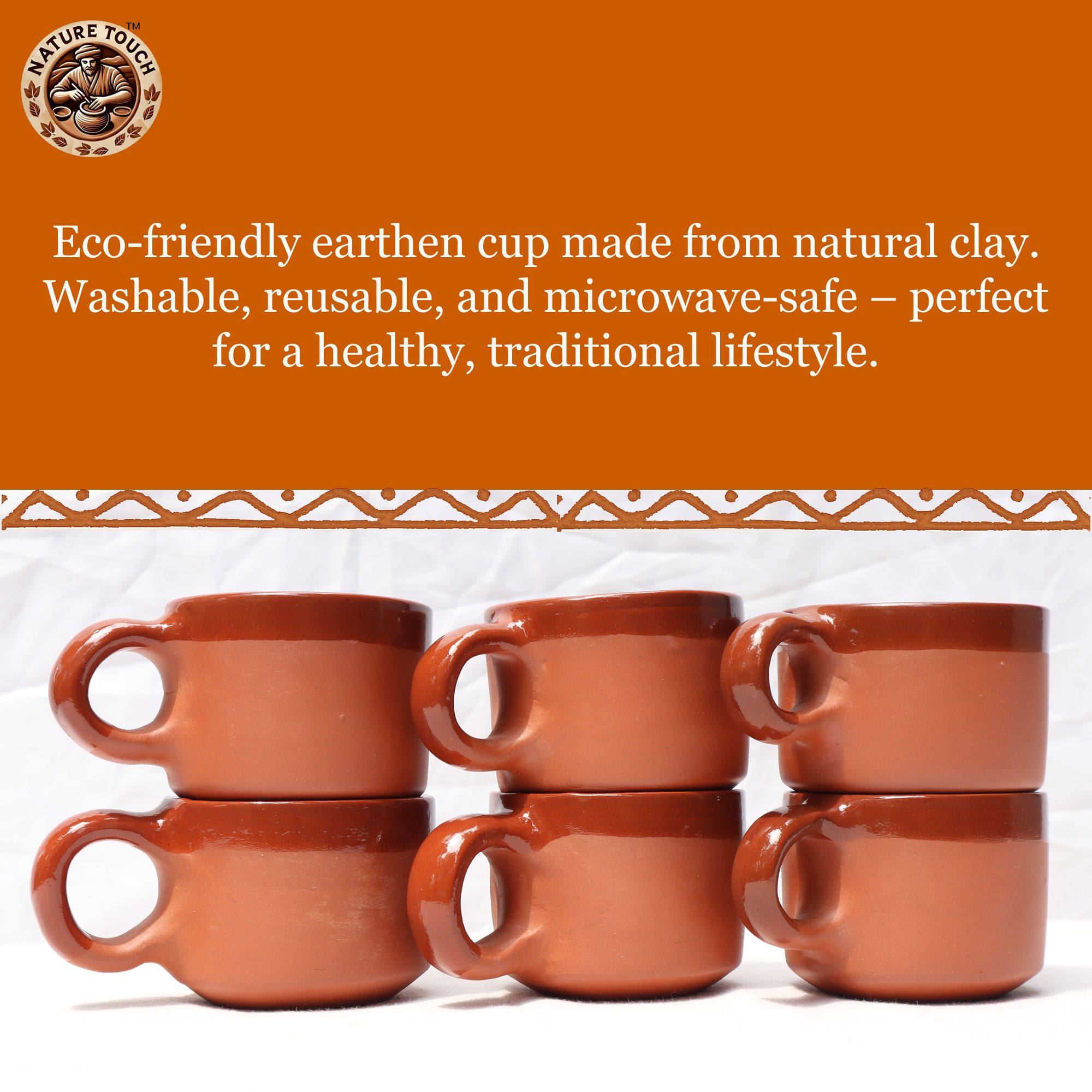 NATURE TOUCH Handcrafted Earthen Round Cups (Set of 6) Mitti Tea Cups for Desi Chai Lovers