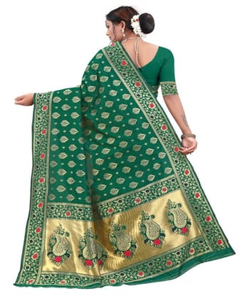 Women's Banarasi Silk Designer Weaving Saree with Unstitched Blouse (Green, 5.50 Mtrs)