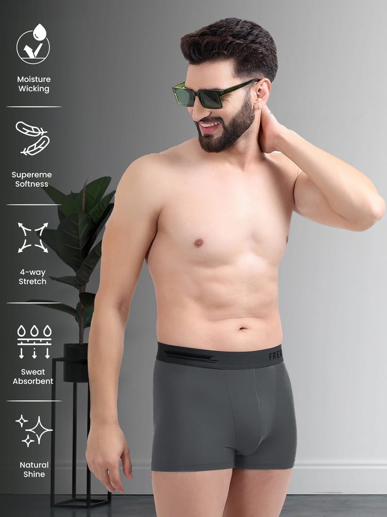 FREECULTR Men's Underwear Anti Bacterial Micromodal Airsoft Trunk - Non Itch No Chaffing Sweat Proof - Pack of 1-Ash Grey