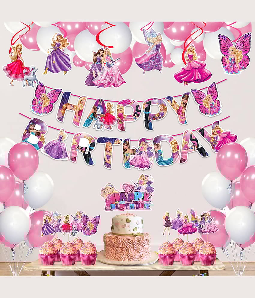 Zyozi ® Barby Princess Theme Birthday Decorations Set - Girls Theme Birthday Party Decorations Banner, Balloons, Cake & CupCake Topper with Swirls (Pack Of 43)