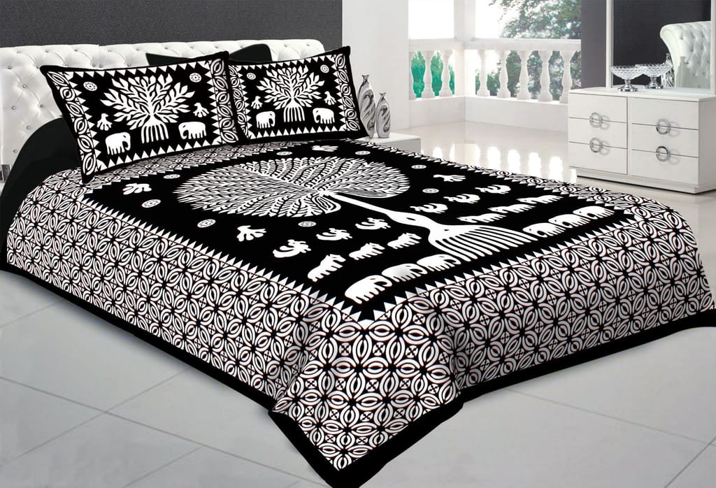 3001-Hometrade India-Standard King Size (90*108 Inches)-Pure Cotton Jaipuri Double Bedsheet With Matching Pillow Cover