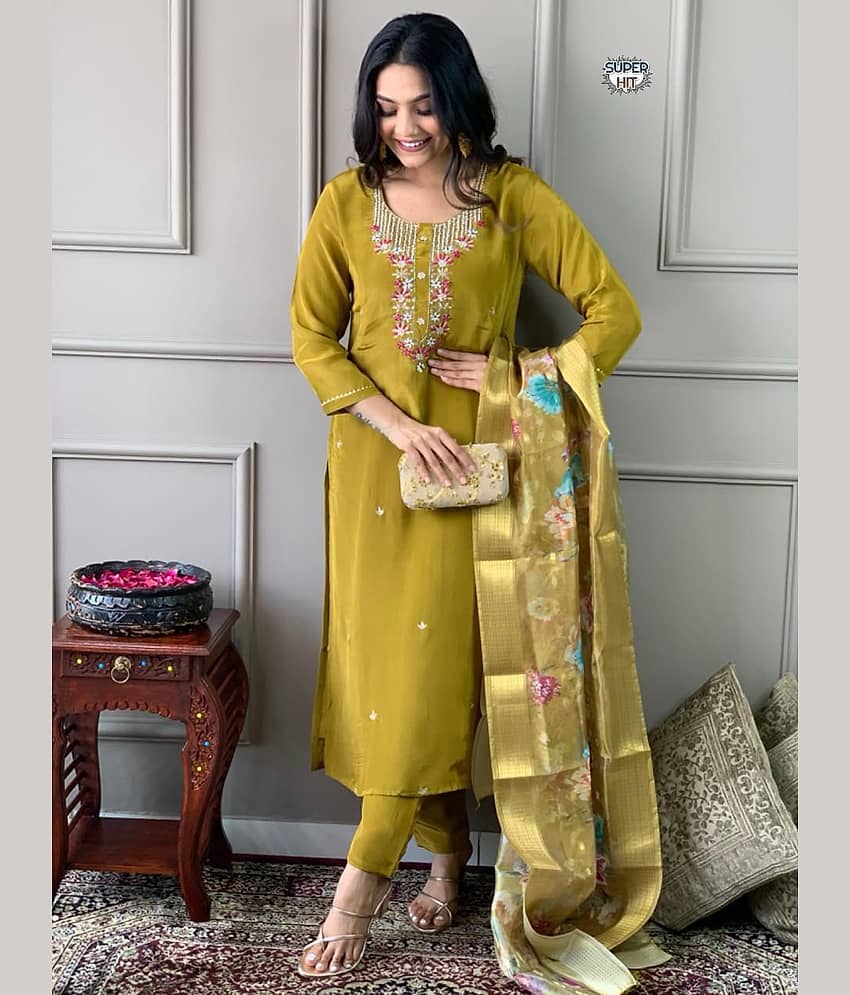 Mahek Fashion Chanderi Embroidered Kurti With Pants Women's Stitched Salwar Suit - Mustard ( Pack of 1 )