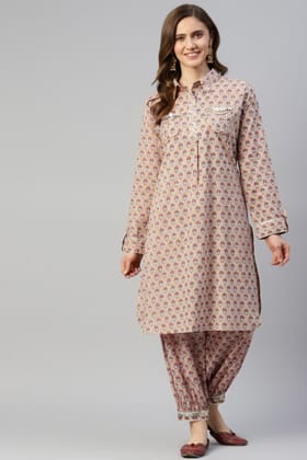 Beige Ethnic Motifs Cotton Set-S