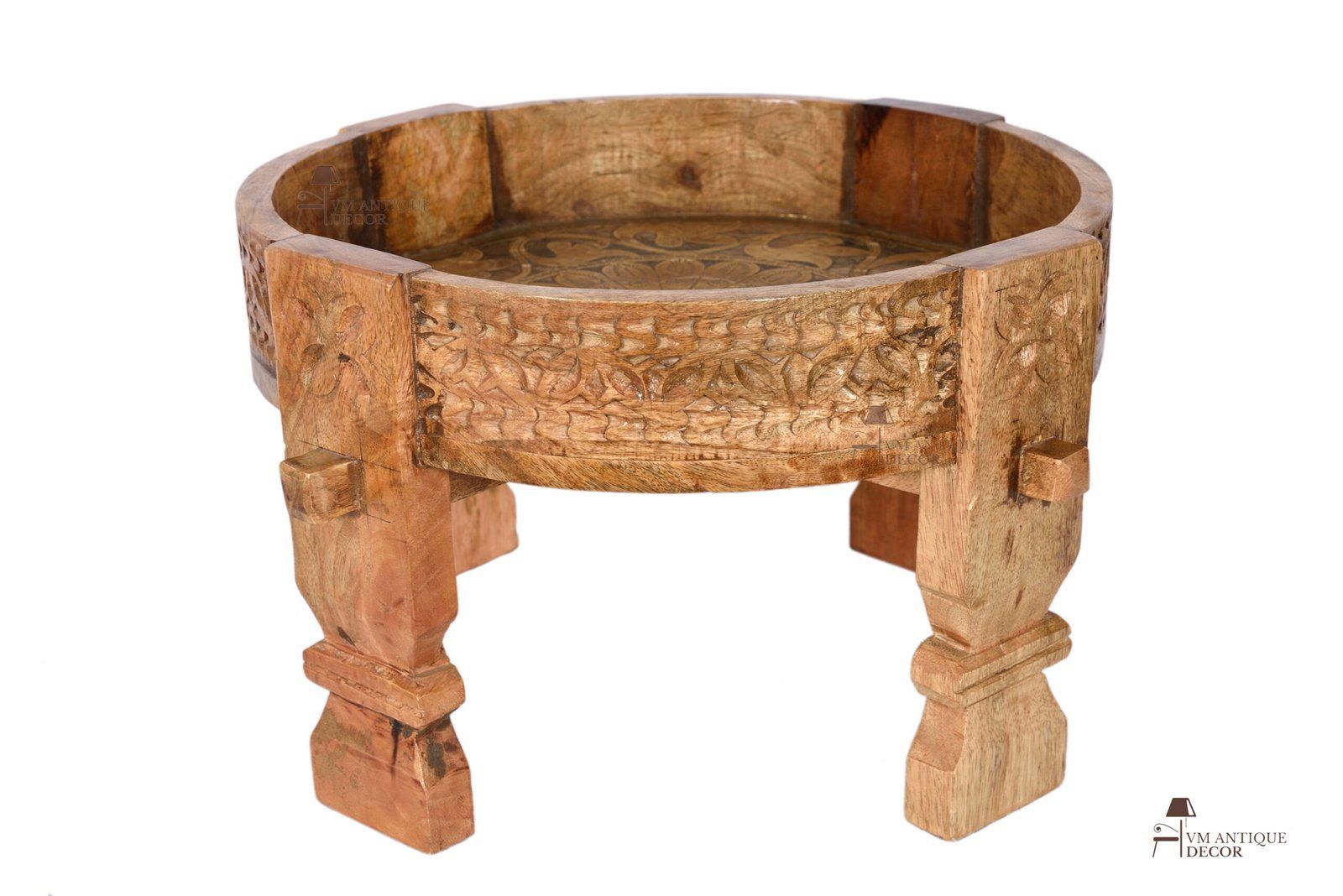 Wooden Round Chakki Table | Solid Wood Coffee Table with Antique Finish