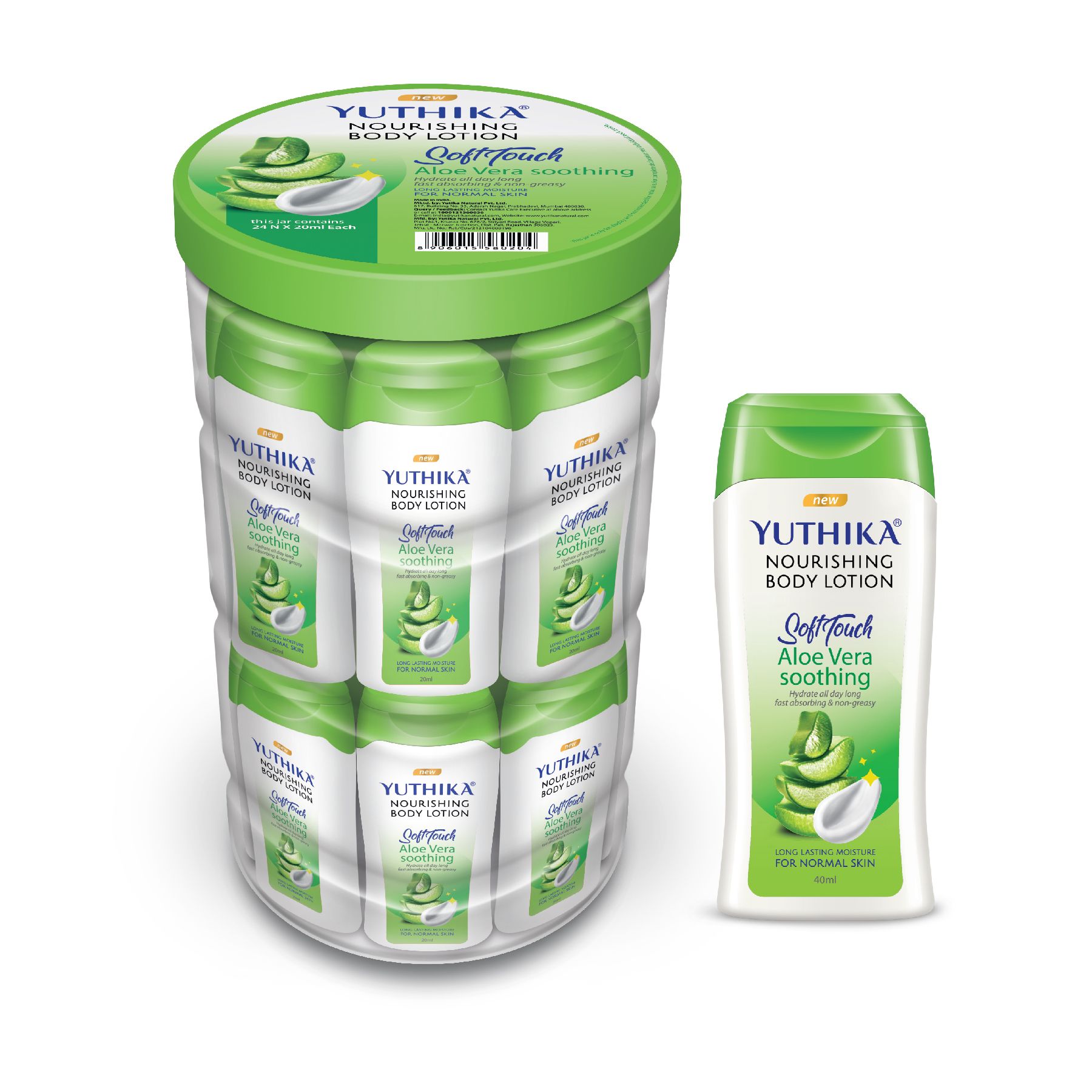 Yuthika Aloe Vera Body Lotion 640ml (40mlx16), Long Lasting Nourishing Body Lotion, Instant Hydration, Fast Absorbing Bodylotion
