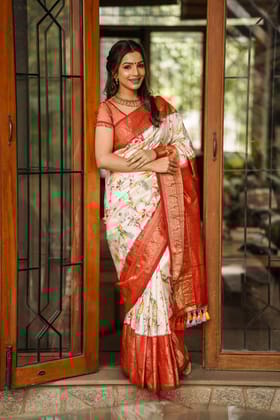 Ikkat Kanjivaram Pure Silk Saree with Zari Pallu and Floral Digital print I SILK MARK CERTIFIED