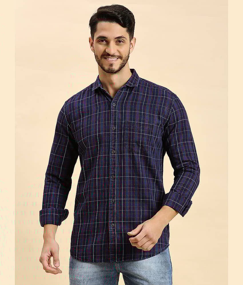 HJ HASASI 100% Cotton Slim Fit Checks Full Sleeves Men's Casual Shirt - Navy ( Pack of 1 )