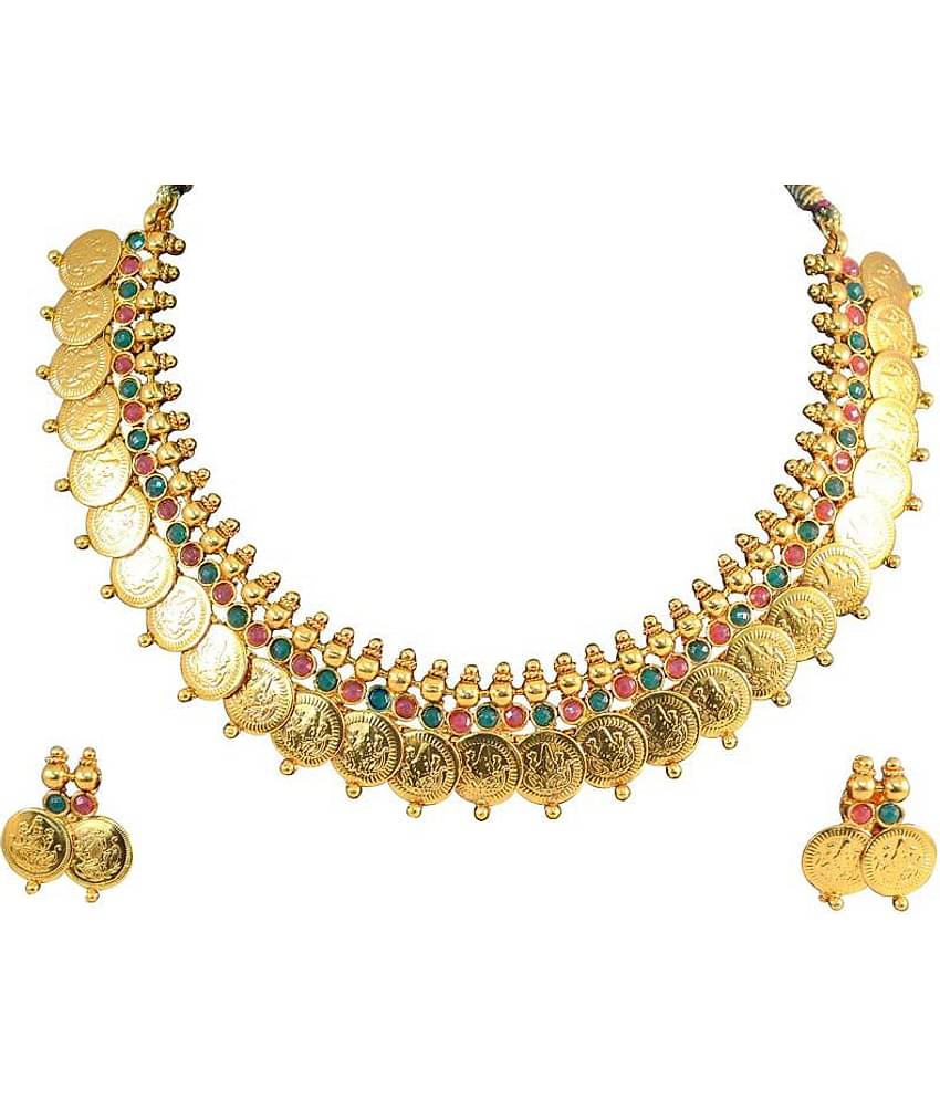 YouBella Traditional Red and Green Temple Coin Necklace Set with Earrings for Women