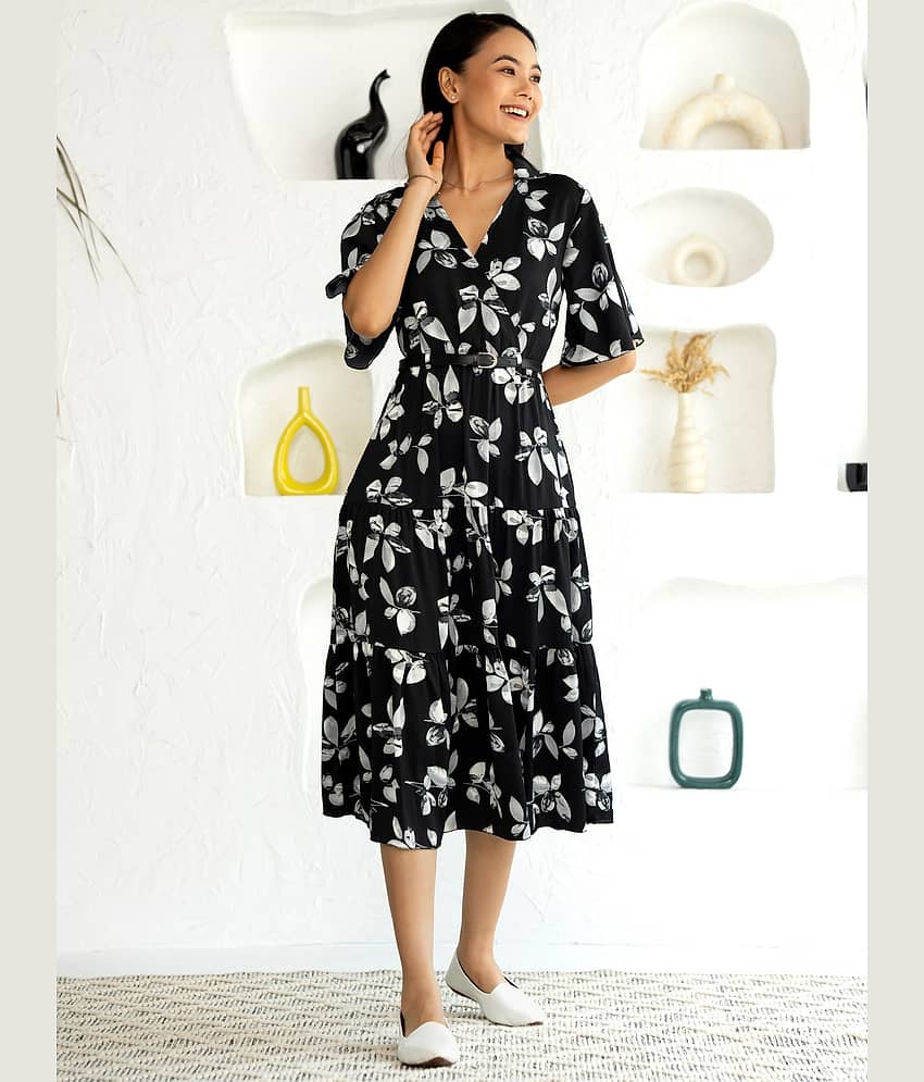 aask Women Polyester Printed Fit & Flare Dress ( Black )