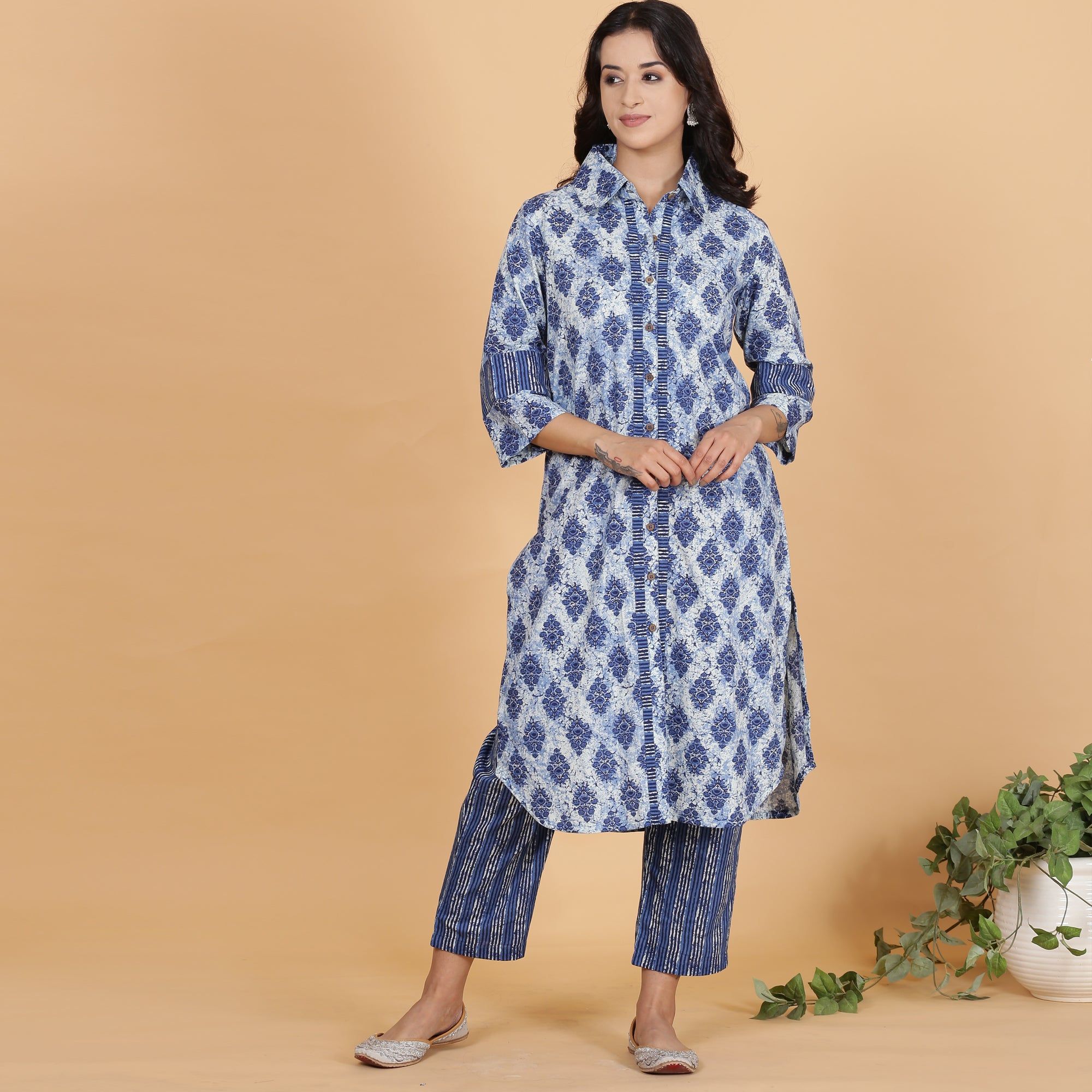 Blue printed full placket cotton kurta set-XS