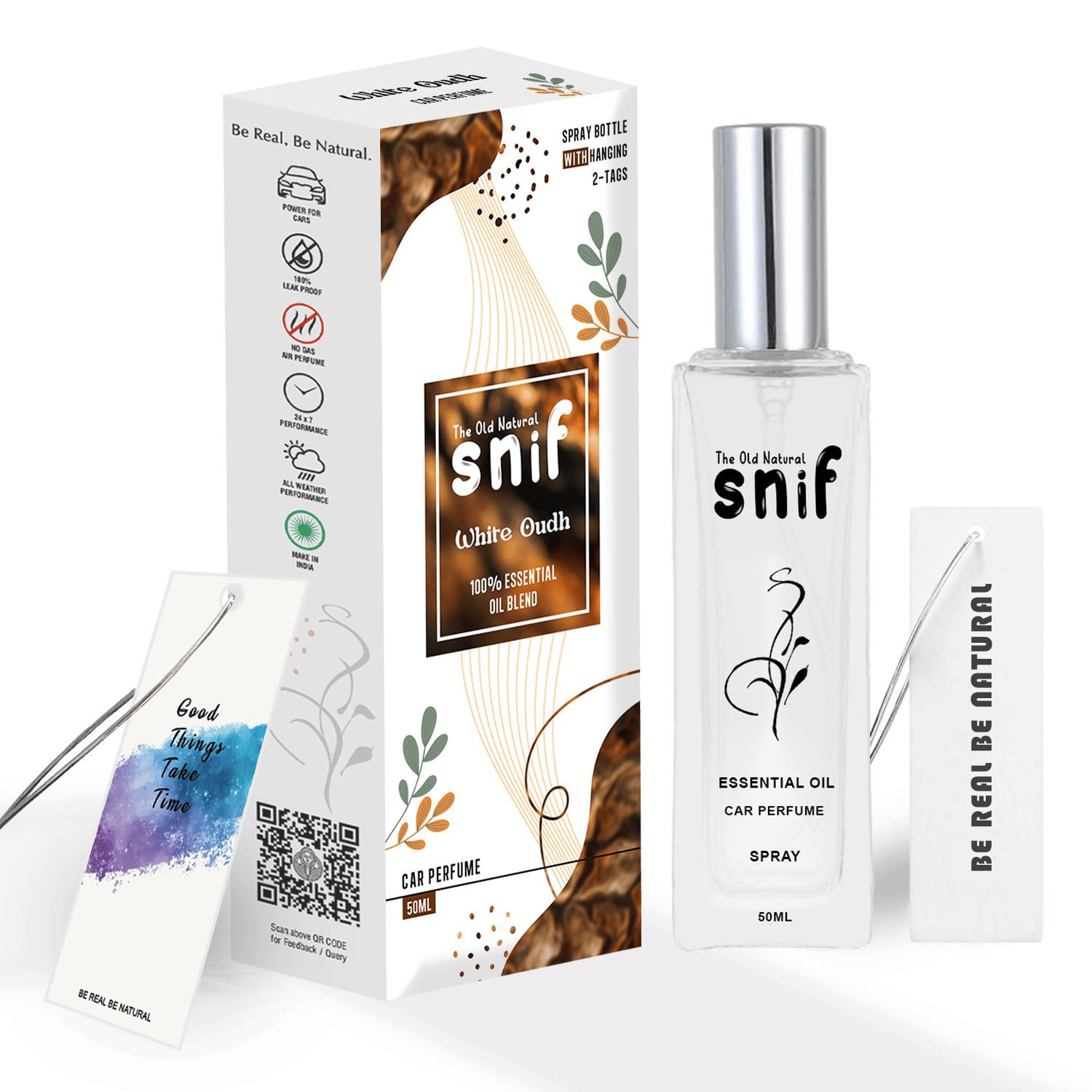 The Old Natural Spray Car Perfumes with Essential Oils Fragrance in Glass bottle with 2 Hanging Tags | Car Air Fresheners 50ml (White Oudh)