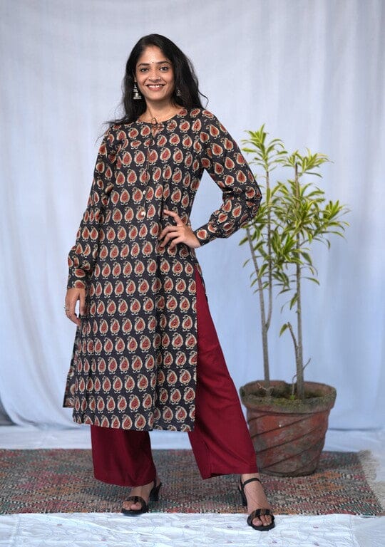 Rivaaj Ethnic Heer Bagru Cotton Straight Kurta (Size M) | Black Handblock Print Full Cuff Sleeves | Traditional Workwear | Artisan Crafted