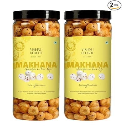 Vishnu Delight Flavoured Cheese & Herbs Organic Makhana Jar, 90g Each Pack of 2 - Nutritious, Tasty, and Sustainably Sourced Fox Nut Snack