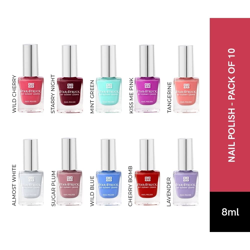 STARSTRUCK BY SUNNY LEONE Glossy Nails Polish Combo Pack of 10 (10 ML) | Smooth Texture, High Gloss 18.1 x 13.8 x 11.8 cm