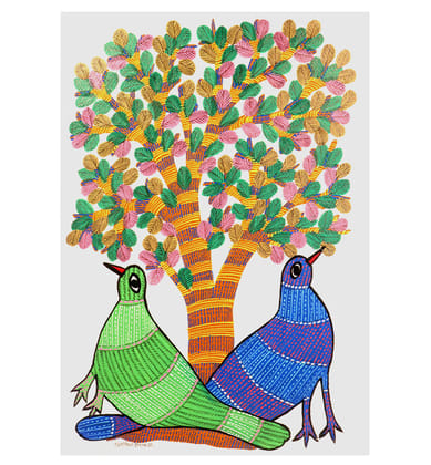 Handcrafted Gond Tree with Birds Painting – Tribal Folk Art Handcrafted Gond Tree with Birds Painting – Tribal Folk Art