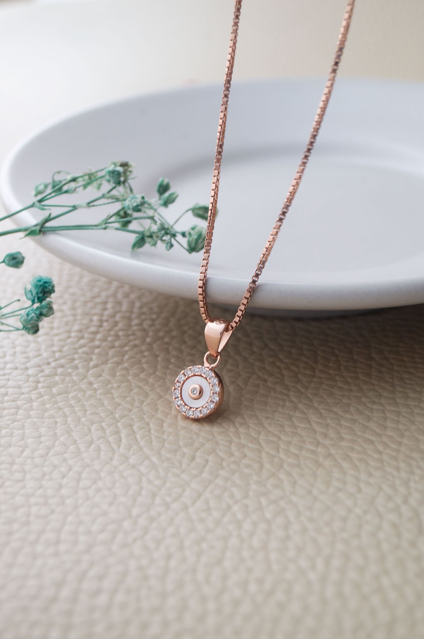 Tiny Mother Of Pearl Circlet Rose Gold Plated Sparkle Sterling Silver Pendant-With Chain / Rose