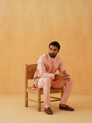 Men's Silk Blend Pink Kurta Churidaar With Pichwai Embroidery Nehru Jacket-38