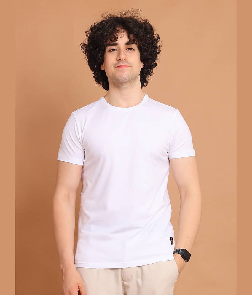 BERRYBLUES Cotton Blend Regular Fit Solid Half Sleeves Men's Round T-Shirt - White ( Pack of 1 )