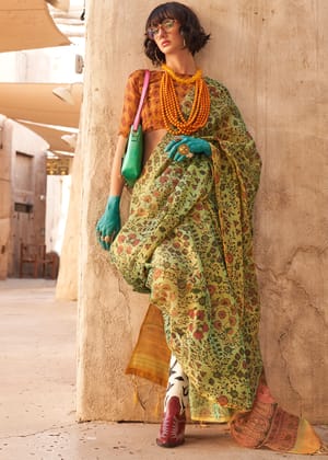 Summer Green Printed Cotton Silk Saree With Contrast Blouse