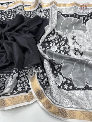 New Function Wear Black Color Dola Silk Print n Jacquard Border Work Fancy Designer Saree With Blouse