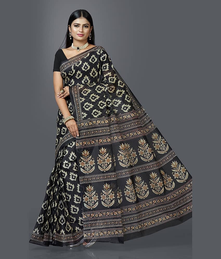 SHANVIKA Cotton Printed Saree Without Blouse Piece ( Black )