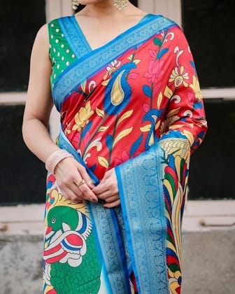 Multicolor Tussar Silk Saree with Vibrant Peacock and Floral Motifs-Regular