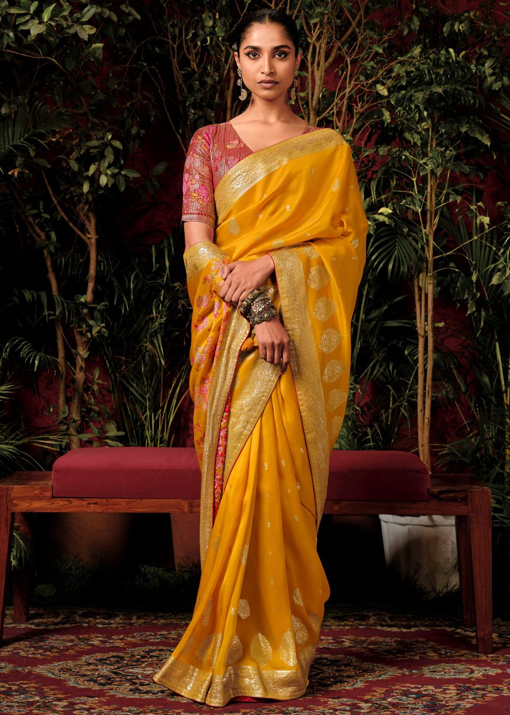 Saffron Yellow Woven Banarasi Silk Saree With Brocade Blouse