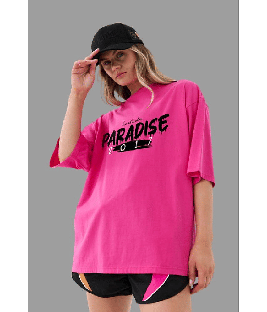 Leotude Women Cotton Blend Printed Oversized Fit Round Neck T-Shirt ( Pink )